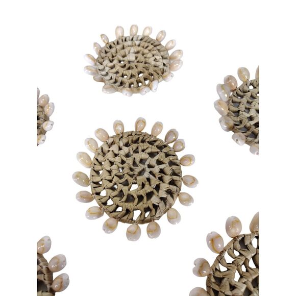 Vintage 70s Bohemian Woven Raffia Cowie Shell Coasters & Basket Coaster Holder - Picture 1 of 10